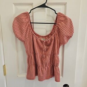 Madewell Womens Top Size S Red White Plaid Peplum Blouse Puff Sleeve